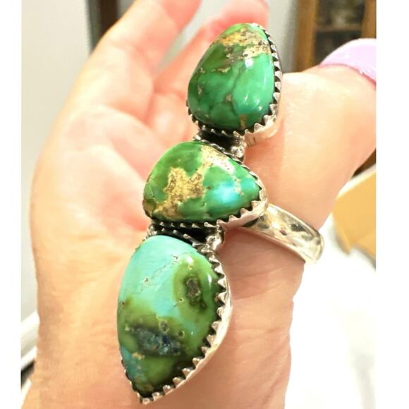Sonoran Gold Turquoise Three Stone Ring Sterling Adjustable 5-10 - Picture 8 of 8